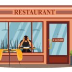 business collapse crisis at restaurant, empty restaurant or cafe, depressed man sitting inside. stress, burnout and bankruptcy in company